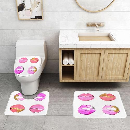 QRFASFZO 3 Stück Badematten und WC Vorleger Microfaser Weiches Badteppich badvorleger rutschfest Waschbar Badezimmerteppich Set,Satz von Aquarell rosa Lippen mit goldenem Glitter auf weißem Hintergr QRFASFZO 3 Stück Badematten und WC Vorleger Microfaser Weiches Badteppich badvorleger rutschfest Waschbar Badezimmerteppich Set,Satz von Aquarell rosa Lippen mit goldenem Glitter auf weißem Hintergr von QRFASFZO