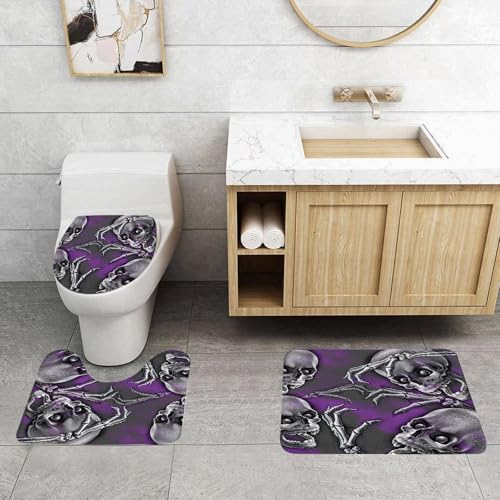 QRFASFZO 3 Stück Badematten und WC Vorleger Microfaser Weiches Badteppich badvorleger rutschfest Waschbar Badezimmerteppich Set,Schädel und Knochen Hand auf lila und grauem Hintergrund, Schädel und von QRFASFZO