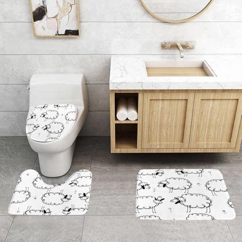 QRFASFZO 3 Stück Badematten und WC Vorleger Microfaser Weiches Badteppich badvorleger rutschfest Waschbar Badezimmerteppich Set,Schafkunst, Cartoon-Schwarz-Weiß-repetitives Design auf weißem Hinterg QRFASFZO 3 Stück Badematten und WC Vorleger Microfaser Weiches Badteppich badvorleger rutschfest Waschbar Badezimmerteppich Set,Schafkunst, Cartoon-Schwarz-Weiß-repetitives Design auf weißem Hinterg von QRFASFZO
