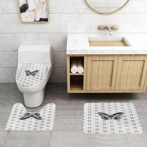QRFASFZO 3 Stück Badematten und WC Vorleger Microfaser Weiches Badteppich badvorleger rutschfest Waschbar Badezimmerteppich Set,Schmetterling, schwarz-weißer Schmetterling auf komplexem, Sich Wieder von QRFASFZO