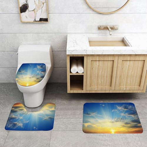 QRFASFZO 3 Stück Badematten und WC Vorleger Microfaser Weiches Badteppich badvorleger rutschfest Waschbar Badezimmerteppich Set,Schöne Sonne mit Strahlen bei Sonnenuntergang von QRFASFZO