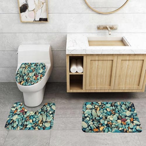 QRFASFZO 3 Stück Badematten und WC Vorleger Microfaser Weiches Badteppich badvorleger rutschfest Waschbar Badezimmerteppich Set,Schöne Stein abstrakte Natur Frankreich Retro Kieselsteine ​​Grunge Ro von QRFASFZO