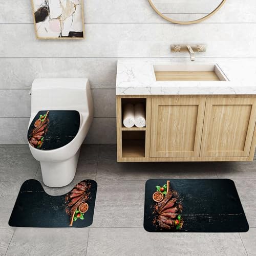 QRFASFZO 3 Stück Badematten und WC Vorleger Microfaser Weiches Badteppich badvorleger rutschfest Waschbar Badezimmerteppich Set,Schönes Tomahawk-Steak und Garnitur, köstliches gebratenes Tomahawk-Ge von QRFASFZO