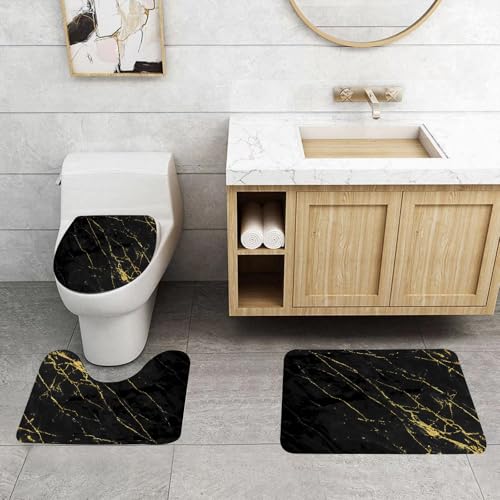QRFASFZO 3 Stück Badematten und WC Vorleger Microfaser Weiches Badteppich badvorleger rutschfest Waschbar Badezimmerteppich Set,Schwarz-Gold-Marmor-Design-Kunstwerk-Öl von QRFASFZO