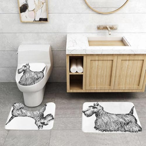QRFASFZO 3 Stück Badematten und WC Vorleger Microfaser Weiches Badteppich badvorleger rutschfest Waschbar Badezimmerteppich Set,Schwarz-Weiß-Skizze eines schottischen Hundes, schottischer Hund, Scho QRFASFZO 3 Stück Badematten und WC Vorleger Microfaser Weiches Badteppich badvorleger rutschfest Waschbar Badezimmerteppich Set,Schwarz-Weiß-Skizze eines schottischen Hundes, schottischer Hund, Scho von QRFASFZO