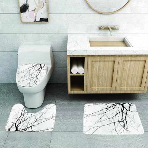 QRFASFZO 3 Stück Badematten und WC Vorleger Microfaser Weiches Badteppich badvorleger rutschfest Waschbar Badezimmerteppich Set,Schwarz und Weiß, abstrakte Schwarze Äste, zarte Linien Sorgen für Dra von QRFASFZO