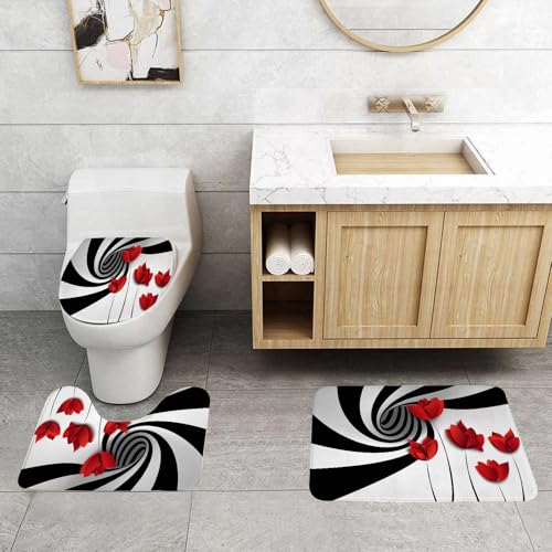 QRFASFZO 3 Stück Badematten und WC Vorleger Microfaser Weiches Badteppich badvorleger rutschfest Waschbar Badezimmerteppich Set,Schwarz und weiß Streifen rote Mohnblumen Blume Wirbel Spirale wirbeln QRFASFZO 3 Stück Badematten und WC Vorleger Microfaser Weiches Badteppich badvorleger rutschfest Waschbar Badezimmerteppich Set,Schwarz und weiß Streifen rote Mohnblumen Blume Wirbel Spirale wirbeln von QRFASFZO