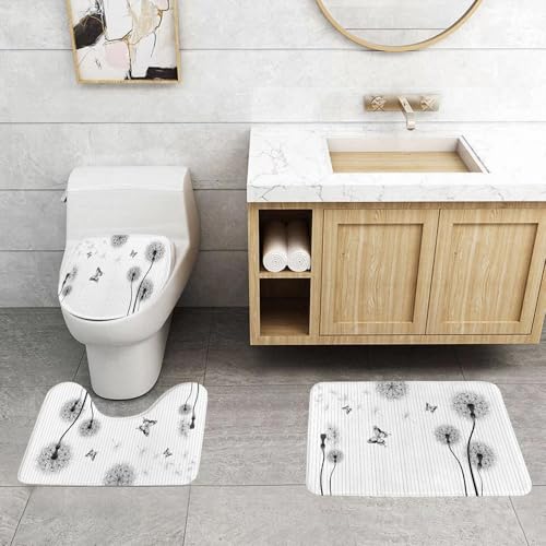 QRFASFZO 3 Stück Badematten und WC Vorleger Microfaser Weiches Badteppich badvorleger rutschfest Waschbar Badezimmerteppich Set,Schwarz-weiße Löwenzahnblüten, Löwenzahn und Schmetterlinge im minimal von QRFASFZO