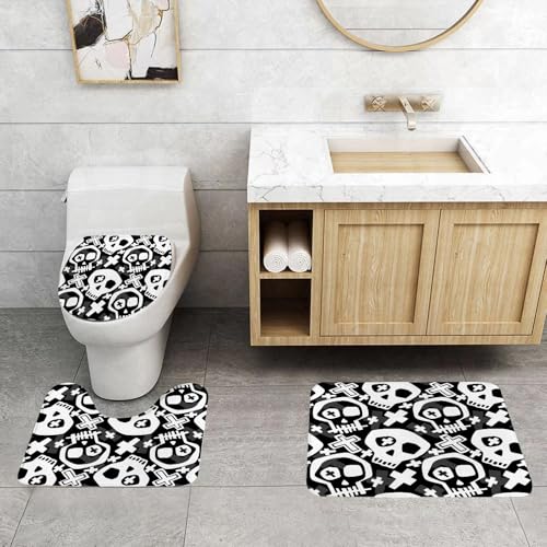 QRFASFZO 3 Stück Badematten und WC Vorleger Microfaser Weiches Badteppich badvorleger rutschfest Waschbar Badezimmerteppich Set,Schwarz-weißer, Sich wiederholender Totenkopf und Kreuz mit Totenkopf- QRFASFZO 3 Stück Badematten und WC Vorleger Microfaser Weiches Badteppich badvorleger rutschfest Waschbar Badezimmerteppich Set,Schwarz-weißer, Sich wiederholender Totenkopf und Kreuz mit Totenkopf- von QRFASFZO