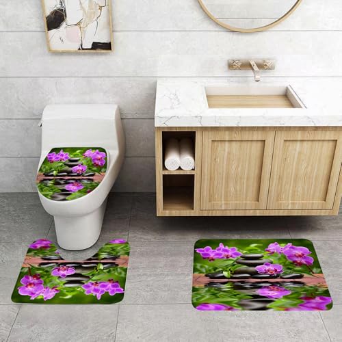 QRFASFZO 3 Stück Badematten und WC Vorleger Microfaser Weiches Badteppich badvorleger rutschfest Waschbar Badezimmerteppich Set,Schwarze Steine und rosa Orchideen, gestapelte Kieselsteine und blühen QRFASFZO 3 Stück Badematten und WC Vorleger Microfaser Weiches Badteppich badvorleger rutschfest Waschbar Badezimmerteppich Set,Schwarze Steine und rosa Orchideen, gestapelte Kieselsteine und blühen von QRFASFZO