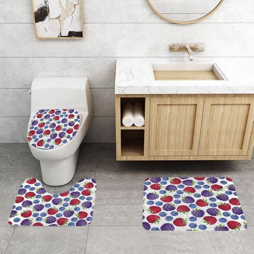 QRFASFZO 3 Stück Badematten und WC Vorleger Microfaser Weiches Badteppich badvorleger rutschfest Waschbar Badezimmerteppich Set,Seamless, Muster, mit, Wilde beeren, Himbeere, Brombeere, Blueberry., von QRFASFZO