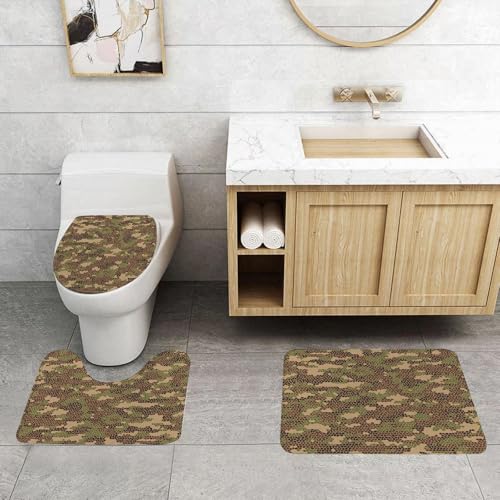 QRFASFZO 3 Stück Badematten und WC Vorleger Microfaser Weiches Badteppich badvorleger rutschfest Waschbar Badezimmerteppich Set,Sechseckige Mosaikformen in Camouflage, Grün, Braun und Hellbraun von QRFASFZO