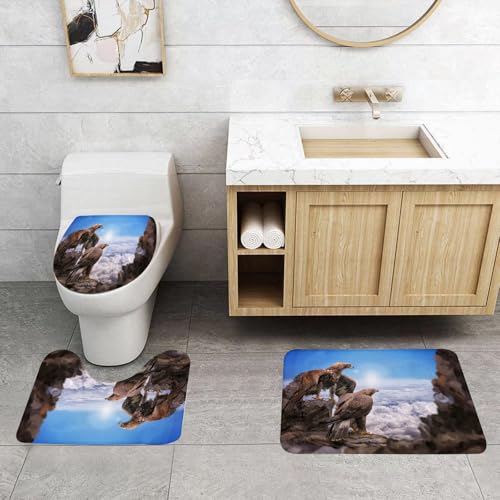 QRFASFZO 3 Stück Badematten und WC Vorleger Microfaser Weiches Badteppich badvorleger rutschfest Waschbar Badezimmerteppich Set,Selektives Bild eines Steinadlers, der auf dem Gipfel des Berges ruht von QRFASFZO