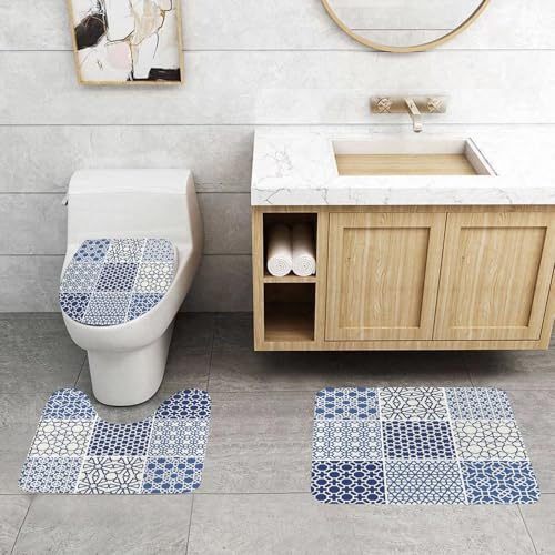 QRFASFZO 3 Stück Badematten und WC Vorleger Microfaser Weiches Badteppich badvorleger rutschfest Waschbar Badezimmerteppich Set,Set aus blau-weißen geometrischen islamischen Motiven – eine Sammlung QRFASFZO 3 Stück Badematten und WC Vorleger Microfaser Weiches Badteppich badvorleger rutschfest Waschbar Badezimmerteppich Set,Set aus blau-weißen geometrischen islamischen Motiven – eine Sammlung von QRFASFZO