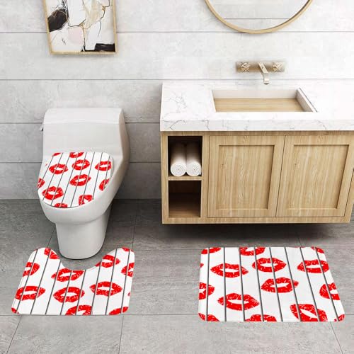 QRFASFZO 3 Stück Badematten und WC Vorleger Microfaser Weiches Badteppich badvorleger rutschfest Waschbar Badezimmerteppich Set,Sich wiederholendes Muster aus roten Lippen auf grauen Linien auf weiß QRFASFZO 3 Stück Badematten und WC Vorleger Microfaser Weiches Badteppich badvorleger rutschfest Waschbar Badezimmerteppich Set,Sich wiederholendes Muster aus roten Lippen auf grauen Linien auf weiß von QRFASFZO