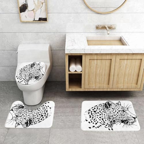 QRFASFZO 3 Stück Badematten und WC Vorleger Microfaser Weiches Badteppich badvorleger rutschfest Waschbar Badezimmerteppich Set,Skizze des Leopardenkopfes, lineares T-Bild mit Leopardenmuster, monoc von QRFASFZO