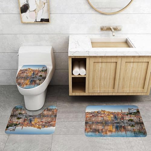 QRFASFZO 3 Stück Badematten und WC Vorleger Microfaser Weiches Badteppich badvorleger rutschfest Waschbar Badezimmerteppich Set,Skyline der Altstadt von Porto, Portugal, von der Anderen Seite des FL von QRFASFZO