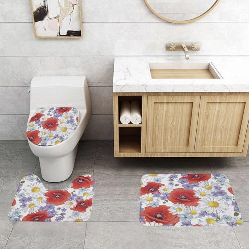 QRFASFZO 3 Stück Badematten und WC Vorleger Microfaser Weiches Badteppich badvorleger rutschfest Waschbar Badezimmerteppich Set,Sommerblumen Tapete von QRFASFZO