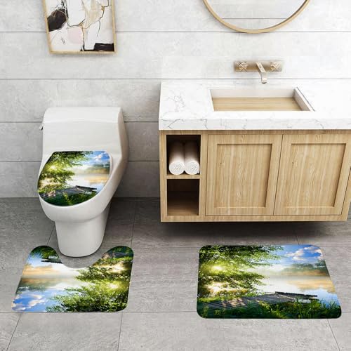 QRFASFZO 3 Stück Badematten und WC Vorleger Microfaser Weiches Badteppich badvorleger rutschfest Waschbar Badezimmerteppich Set,Sonnenlicht fällt durch die Bäume auf die Holzstege in nebligen Seen von QRFASFZO