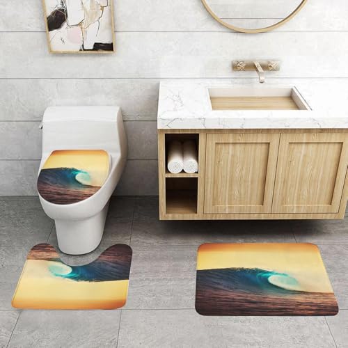 QRFASFZO 3 Stück Badematten und WC Vorleger Microfaser Weiches Badteppich badvorleger rutschfest Waschbar Badezimmerteppich Set,Sonnenuntergang am Meer, brechende Meereswelle in warmen Farben an der von QRFASFZO