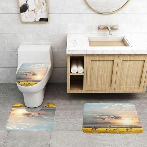 QRFASFZO 3 Stück Badematten und WC Vorleger Microfaser Weiches Badteppich badvorleger rutschfest Waschbar Badezimmerteppich Set,Sonnenuntergang über Savannah, Zebra überquert anmutig das goldene Fel von QRFASFZO
