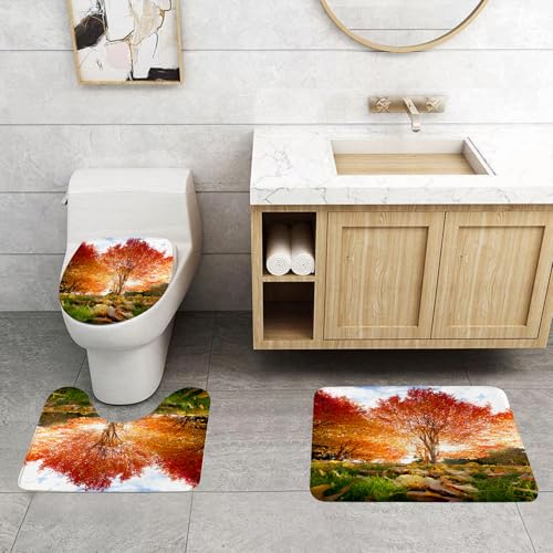 QRFASFZO 3 Stück Badematten und WC Vorleger Microfaser Weiches Badteppich badvorleger rutschfest Waschbar Badezimmerteppich Set,Sonnige Bäume und Herbstblätter, Kussblätter und Herbstteppich, Sonnen von QRFASFZO