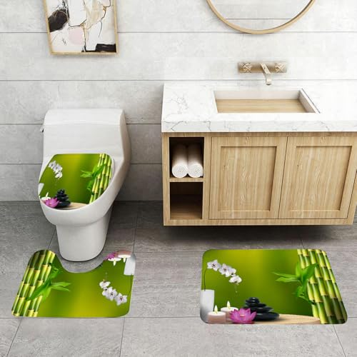 QRFASFZO 3 Stück Badematten und WC Vorleger Microfaser Weiches Badteppich badvorleger rutschfest Waschbar Badezimmerteppich Set,Spa Zen, weiße Orchidee, brennende Kerze, rosa Lotus, schwarzer Stein, von QRFASFZO