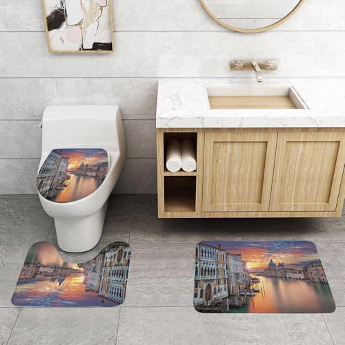 QRFASFZO 3 Stück Badematten und WC Vorleger Microfaser Weiches Badteppich badvorleger rutschfest Waschbar Badezimmerteppich Set,Stadt, Bild des Canal Grande in Venedig Horizont Europäische Stadt Inn von QRFASFZO