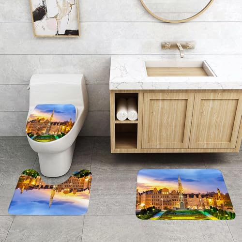 QRFASFZO 3 Stück Badematten und WC Vorleger Microfaser Weiches Badteppich badvorleger rutschfest Waschbar Badezimmerteppich Set,Stadt, Stadtbild, Brüsseler Stadtbild mit belgischem Denkmal in der mi von QRFASFZO
