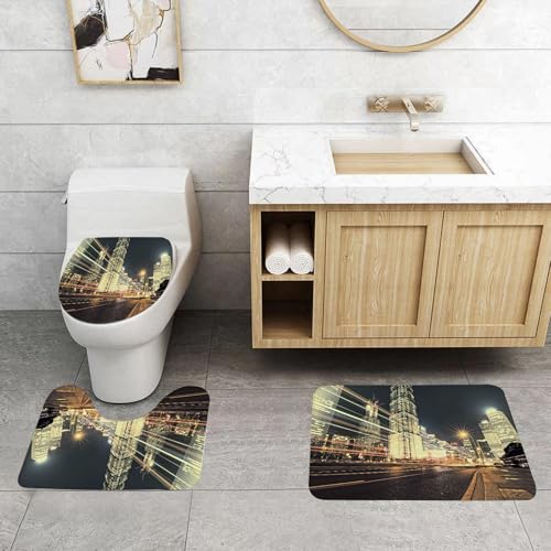 QRFASFZO 3 Stück Badematten und WC Vorleger Microfaser Weiches Badteppich badvorleger rutschfest Waschbar Badezimmerteppich Set,Stadt, schöne Nachtansicht der Shanghai Finanz- und Handelszone von QRFASFZO