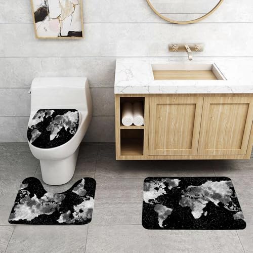 QRFASFZO 3 Stück Badematten und WC Vorleger Microfaser Weiches Badteppich badvorleger rutschfest Waschbar Badezimmerteppich Set,Sternenhimmel mit mondähnlicher Textur, der Kontinent der Erde im kosm von QRFASFZO