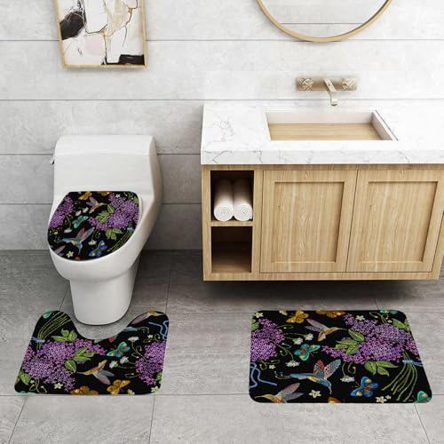 QRFASFZO 3 Stück Badematten und WC Vorleger Microfaser Weiches Badteppich badvorleger rutschfest Waschbar Badezimmerteppich Set,Stickerei mit lila tropischen Kolibris und Schmetterlingen. Stickerei QRFASFZO 3 Stück Badematten und WC Vorleger Microfaser Weiches Badteppich badvorleger rutschfest Waschbar Badezimmerteppich Set,Stickerei mit lila tropischen Kolibris und Schmetterlingen. Stickerei von QRFASFZO
