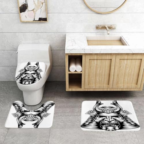 QRFASFZO 3 Stück Badematten und WC Vorleger Microfaser Weiches Badteppich badvorleger rutschfest Waschbar Badezimmerteppich Set,Stilisierter Samurai-Helm in Schwarz-Weiß mit komplexem Design QRFASFZO 3 Stück Badematten und WC Vorleger Microfaser Weiches Badteppich badvorleger rutschfest Waschbar Badezimmerteppich Set,Stilisierter Samurai-Helm in Schwarz-Weiß mit komplexem Design von QRFASFZO