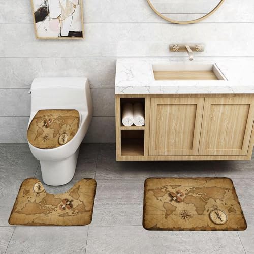 QRFASFZO 3 Stück Badematten und WC Vorleger Microfaser Weiches Badteppich badvorleger rutschfest Waschbar Badezimmerteppich Set,Stillleben mit Alter Schatzkarte, Lineal, Seil und altem Messingkompas QRFASFZO 3 Stück Badematten und WC Vorleger Microfaser Weiches Badteppich badvorleger rutschfest Waschbar Badezimmerteppich Set,Stillleben mit Alter Schatzkarte, Lineal, Seil und altem Messingkompas von QRFASFZO