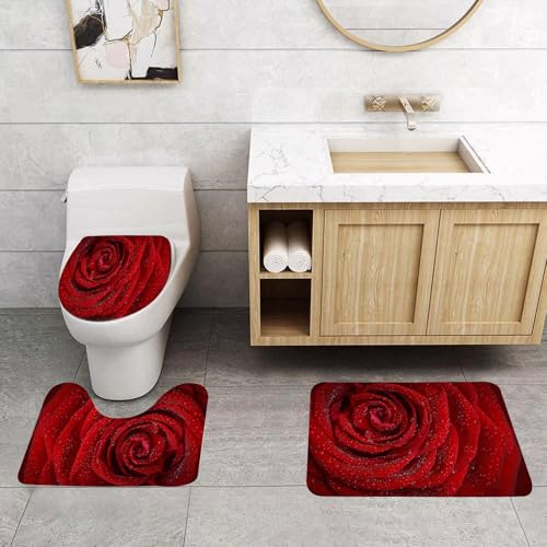 QRFASFZO 3 Stück Badematten und WC Vorleger Microfaser Weiches Badteppich badvorleger rutschfest Waschbar Badezimmerteppich Set,Strahlend rote Rose, komplexe, weiche Blütenblätterschichten, geschmüc QRFASFZO 3 Stück Badematten und WC Vorleger Microfaser Weiches Badteppich badvorleger rutschfest Waschbar Badezimmerteppich Set,Strahlend rote Rose, komplexe, weiche Blütenblätterschichten, geschmüc von QRFASFZO