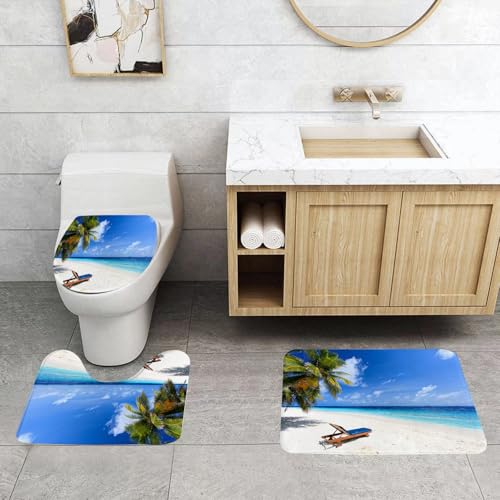 QRFASFZO 3 Stück Badematten und WC Vorleger Microfaser Weiches Badteppich badvorleger rutschfest Waschbar Badezimmerteppich Set,Strandkorb am perfekten tropischen weißen Sandstrand von QRFASFZO