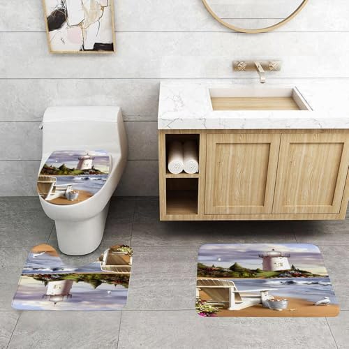 QRFASFZO 3 Stück Badematten und WC Vorleger Microfaser Weiches Badteppich badvorleger rutschfest Waschbar Badezimmerteppich Set,Strandszene, eine ruhige Strandkulisse mit Leuchtturm, bequemen Stühle von QRFASFZO