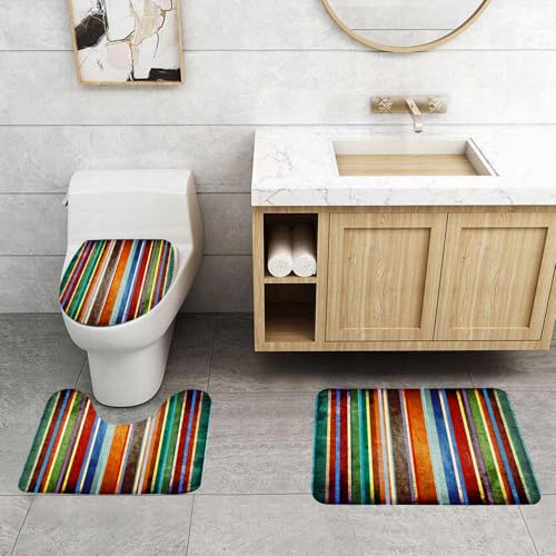 QRFASFZO 3 Stück Badematten und WC Vorleger Microfaser Weiches Badteppich badvorleger rutschfest Waschbar Badezimmerteppich Set,Streifen, vertikal gefüttert, Bunte Retro-Bänder mit Schadenseffekten, QRFASFZO 3 Stück Badematten und WC Vorleger Microfaser Weiches Badteppich badvorleger rutschfest Waschbar Badezimmerteppich Set,Streifen, vertikal gefüttert, Bunte Retro-Bänder mit Schadenseffekten, von QRFASFZO