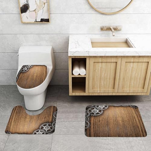 QRFASFZO 3 Stück Badematten und WC Vorleger Microfaser Weiches Badteppich badvorleger rutschfest Waschbar Badezimmerteppich Set,Tapeten, Rostige Zahnräder und Zahnräder auf einem Metallhintergrund von QRFASFZO