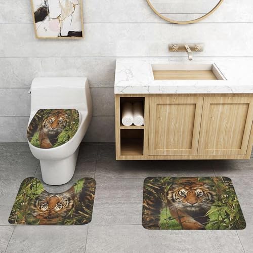 QRFASFZO 3 Stück Badematten und WC Vorleger Microfaser Weiches Badteppich badvorleger rutschfest Waschbar Badezimmerteppich Set,Tier, EIN Tiger, mit einzigartigen Streifen, die durch den Bambus verl von QRFASFZO