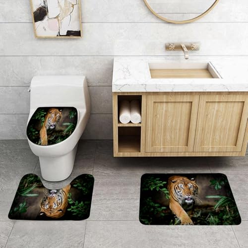 QRFASFZO 3 Stück Badematten und WC Vorleger Microfaser Weiches Badteppich badvorleger rutschfest Waschbar Badezimmerteppich Set,Tier, EIN Wilder bengalischer Tiger, überquert Blätter und starrt auf von QRFASFZO