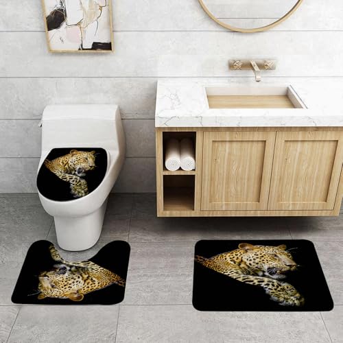 QRFASFZO 3 Stück Badematten und WC Vorleger Microfaser Weiches Badteppich badvorleger rutschfest Waschbar Badezimmerteppich Set,Tier, EIN gefleckter Leopard, starrend, lehnt vor einem schwarzen Hint QRFASFZO 3 Stück Badematten und WC Vorleger Microfaser Weiches Badteppich badvorleger rutschfest Waschbar Badezimmerteppich Set,Tier, EIN gefleckter Leopard, starrend, lehnt vor einem schwarzen Hint von QRFASFZO