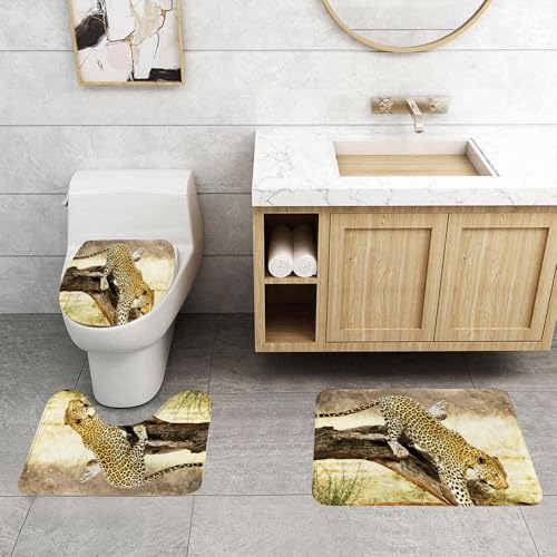QRFASFZO 3 Stück Badematten und WC Vorleger Microfaser Weiches Badteppich badvorleger rutschfest Waschbar Badezimmerteppich Set,Tier, EIN majestätischer Leopard, unten im verwitterten Holz, umgeben QRFASFZO 3 Stück Badematten und WC Vorleger Microfaser Weiches Badteppich badvorleger rutschfest Waschbar Badezimmerteppich Set,Tier, EIN majestätischer Leopard, unten im verwitterten Holz, umgeben von QRFASFZO