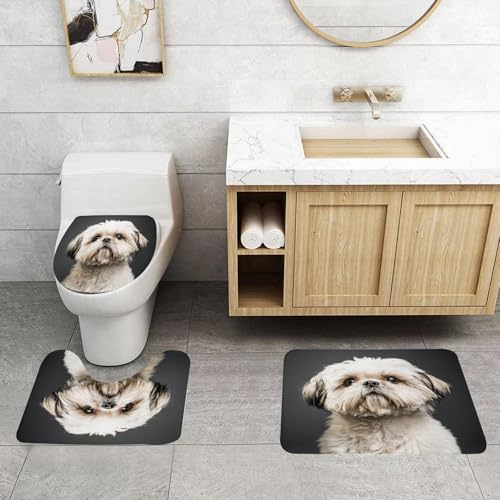 QRFASFZO 3 Stück Badematten und WC Vorleger Microfaser Weiches Badteppich badvorleger rutschfest Waschbar Badezimmerteppich Set,Tier, EIN süßer Hund mit flauschigem weißem und braunem Fell auf schwa QRFASFZO 3 Stück Badematten und WC Vorleger Microfaser Weiches Badteppich badvorleger rutschfest Waschbar Badezimmerteppich Set,Tier, EIN süßer Hund mit flauschigem weißem und braunem Fell auf schwa von QRFASFZO