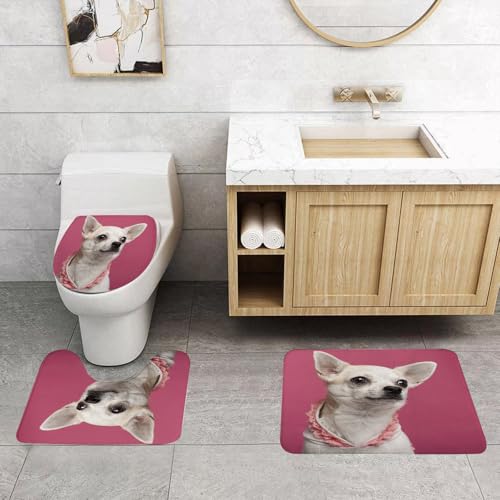 QRFASFZO 3 Stück Badematten und WC Vorleger Microfaser Weiches Badteppich badvorleger rutschfest Waschbar Badezimmerteppich Set,Tier, Nahaufnahme eines Chihuahuas mit rosa Spitzenhemd vor rosa Hinte von QRFASFZO