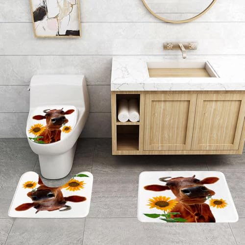 QRFASFZO 3 Stück Badematten und WC Vorleger Microfaser Weiches Badteppich badvorleger rutschfest Waschbar Badezimmerteppich Set,Tier, eine braune Kuh mit Sonnenblumen geschmückt, strahlt skurrilen l von QRFASFZO