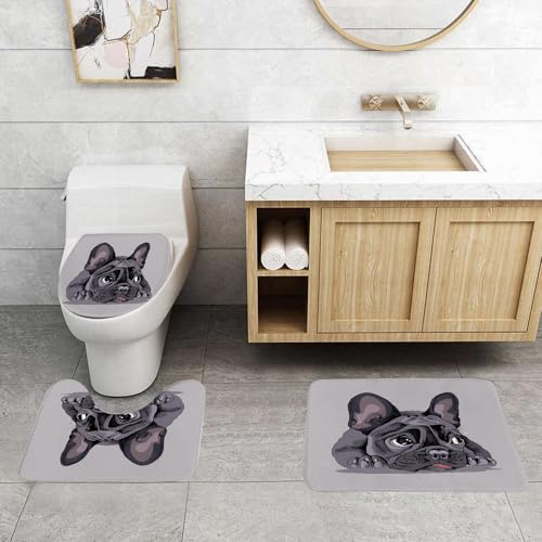 QRFASFZO 3 Stück Badematten und WC Vorleger Microfaser Weiches Badteppich badvorleger rutschfest Waschbar Badezimmerteppich Set,Tier, eine künstlerische Darstellung eines grauen französischen Bulldo von QRFASFZO
