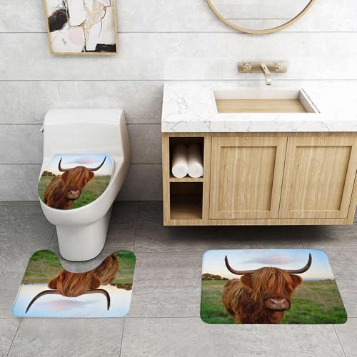 QRFASFZO 3 Stück Badematten und WC Vorleger Microfaser Weiches Badteppich badvorleger rutschfest Waschbar Badezimmerteppich Set,Tier, eine majestätische Kuh auf der Weide, mit braunem Fell und berüh QRFASFZO 3 Stück Badematten und WC Vorleger Microfaser Weiches Badteppich badvorleger rutschfest Waschbar Badezimmerteppich Set,Tier, eine majestätische Kuh auf der Weide, mit braunem Fell und berüh von QRFASFZO