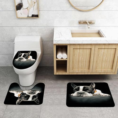 QRFASFZO 3 Stück Badematten und WC Vorleger Microfaser Weiches Badteppich badvorleger rutschfest Waschbar Badezimmerteppich Set,Tier, eine schwarz-weiße Bulldogge mit einem orangefarbenen Halsband, QRFASFZO 3 Stück Badematten und WC Vorleger Microfaser Weiches Badteppich badvorleger rutschfest Waschbar Badezimmerteppich Set,Tier, eine schwarz-weiße Bulldogge mit einem orangefarbenen Halsband, von QRFASFZO