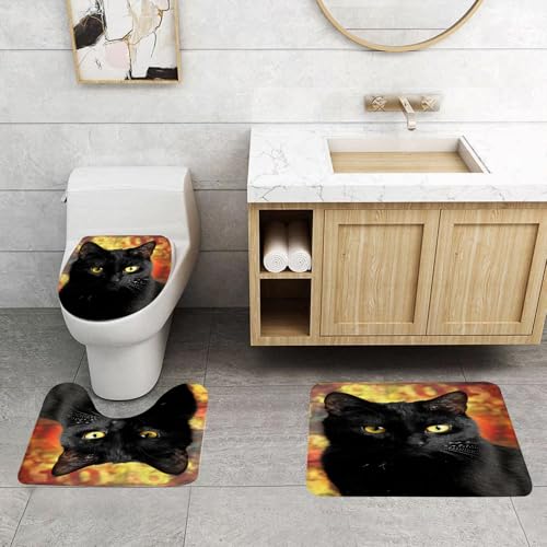 QRFASFZO 3 Stück Badematten und WC Vorleger Microfaser Weiches Badteppich badvorleger rutschfest Waschbar Badezimmerteppich Set,Tier, eine stilvolle Schwarze Katze mit gelben Augen, die in die Ferne von QRFASFZO